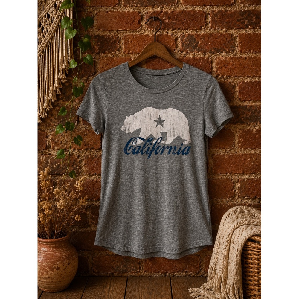 California Republic Bear Graphic T-Shirt Gray Short Sleeve Travel Casual America